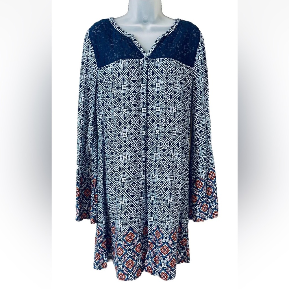 Red Camel Women's M Navy Red Floral Bell Sleeved Dress Boho Festival